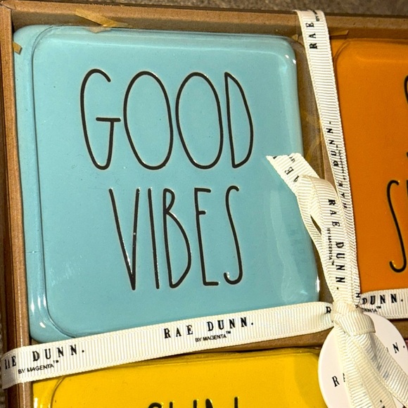 NWT HTF Rae Dunn Ceramic 4 Piece Boxed Bright Coasters Good Vibes Sun Seeker - Picture 5 of 7